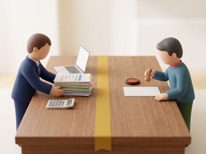 机の真ん中に貼られたからし色のテープの線をはさみ、左で伴走者が資料の束とパソコンと電卓を整えて差し出し、右で社長が判子を手に紙に向かっているイラスト