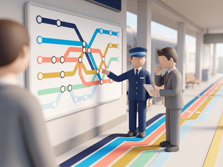 駅のホームの壁の大きな路線図の前で、案内係が駅の 1 つを指さし、隣で手帳を持った社長が見ているイラスト
