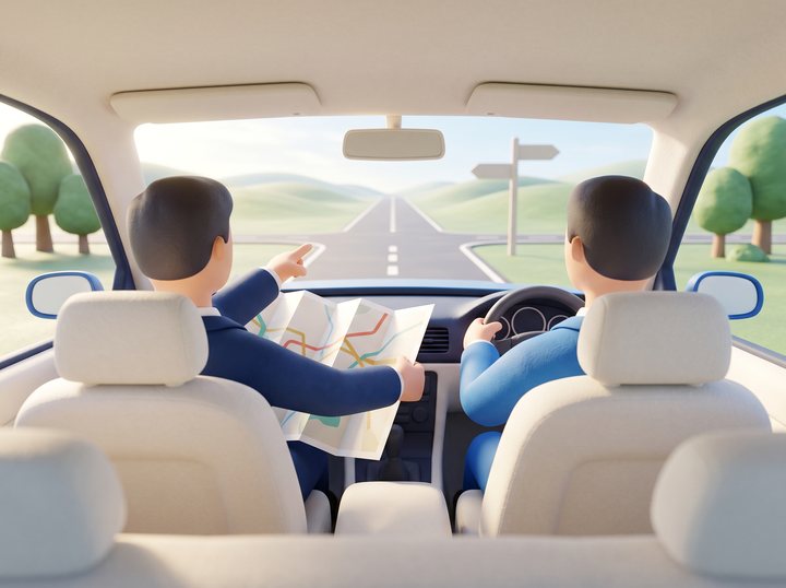 車の後部座席から前を見たイラスト。運転席でハンドルを握る社長と、助手席で地図を広げて前方を指さす参謀。フロントガラスの先に、丘を越えて続く道と分かれ道の標識