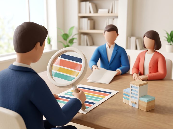 金融機関の担当者の肩越しのイラスト。担当者が虫めがねで机の上の会社の資料と小さな建物の模型をのぞき込み、向かいに座る社長と参謀が資料を差し出している
