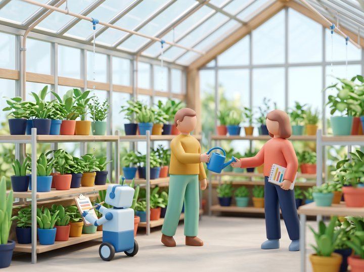 明るいガラスの温室で、天井の管から鉢植えに自動で水が配られ、小さなロボットが目盛りを確かめ、人が次の担当者へじょうろを手渡しているイラスト