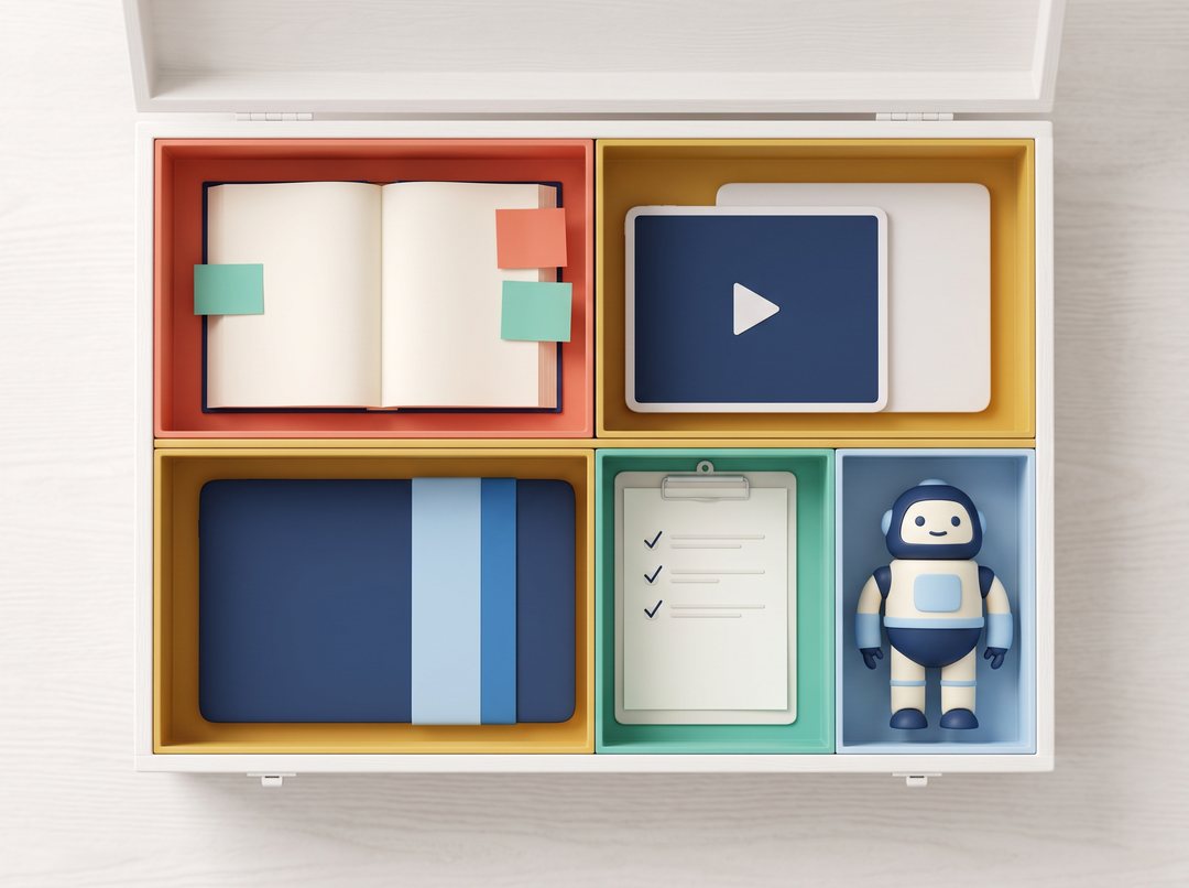 開いた道具箱を真上から見たイラスト。仕切りごとに、付箋を貼った本、動画を映すタブレット、ノートパソコン、チェックの印のクリップボード、小さなロボットが収まっている