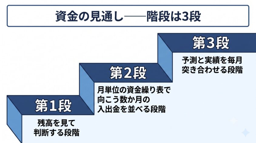 資金の見通しの3段の階段を示す図解