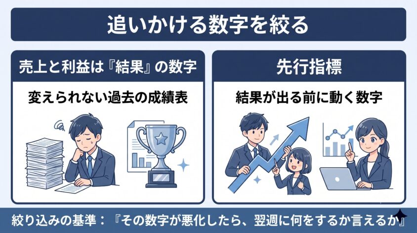 結果の数字と先行指標の違いとKPIの絞り込み基準の図解