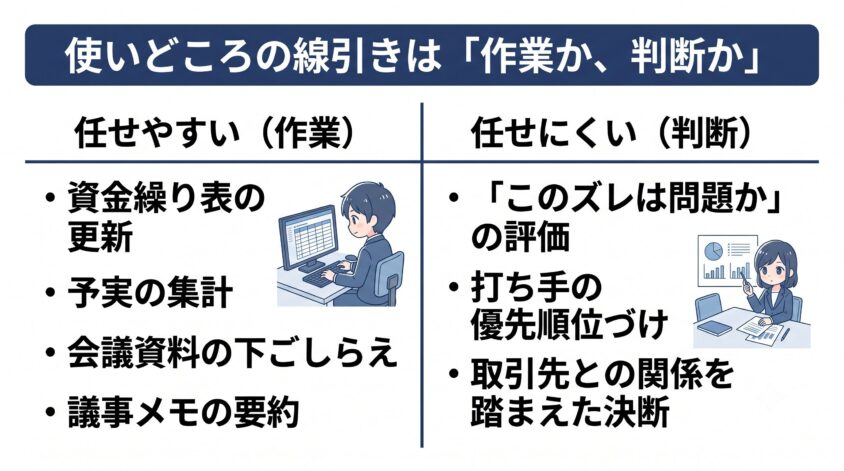 AIに任せやすい作業と任せにくい判断を対比する図解