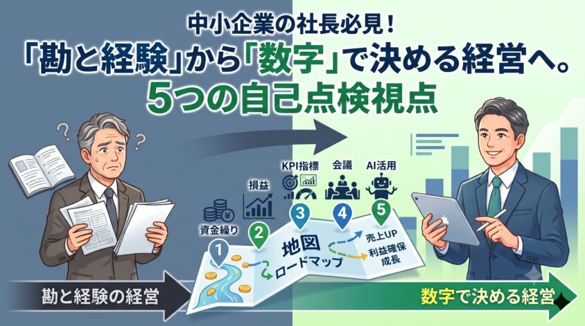 経営管理を5つの視点で自己点検し数字で決める経営へ進むイメージ図