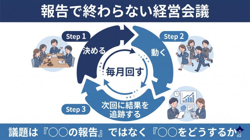 決める→動く→次回に結果を追跡する経営会議の一巡の図解