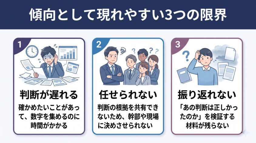 勘と経験だけの経営に傾向として現れやすい3つの限界の図解
