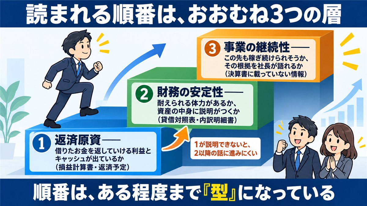 返済原資・安定性・継続性の3層で読まれる順番を示す階段図解