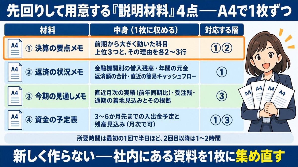 面談前に用意する説明材料4点と対応する層を示す一覧図解