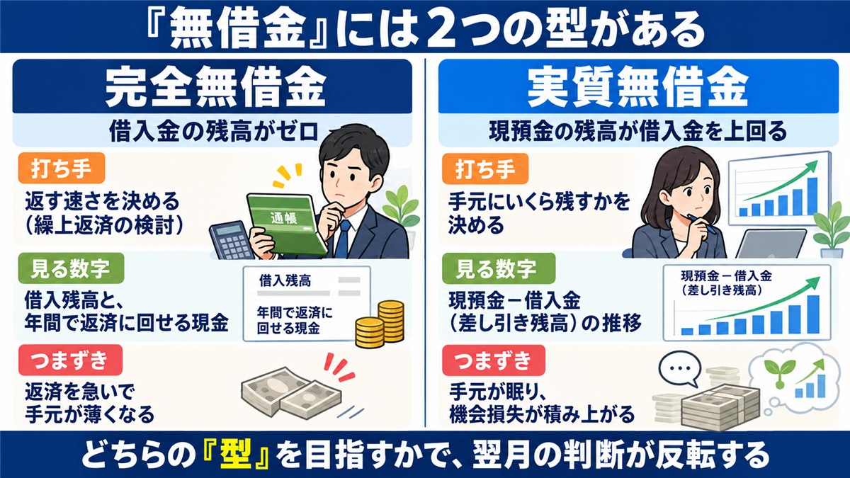 完全無借金と実質無借金の違いを左右対比で示す図解