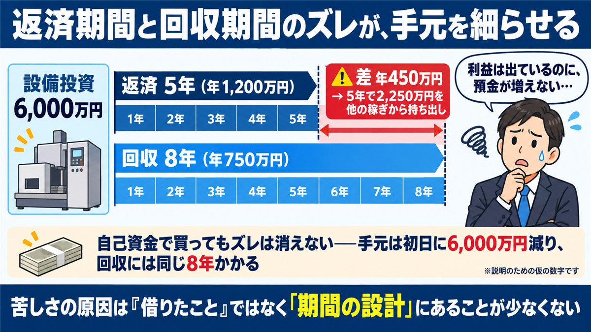 返済期間5年と回収期間8年のズレを示す図解