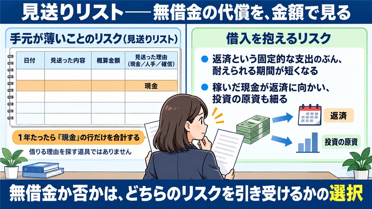 見送りリストと借入のリスクを同じ紙で見る図解
