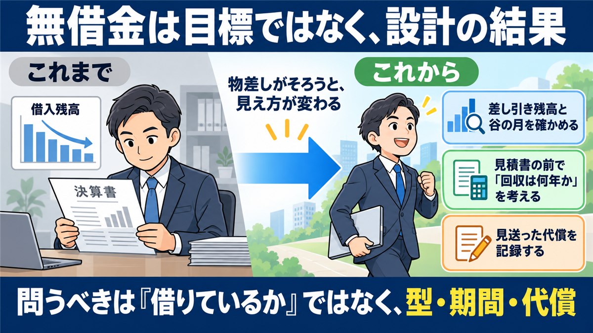 無借金は目標ではなく設計の結果と示すまとめ図解