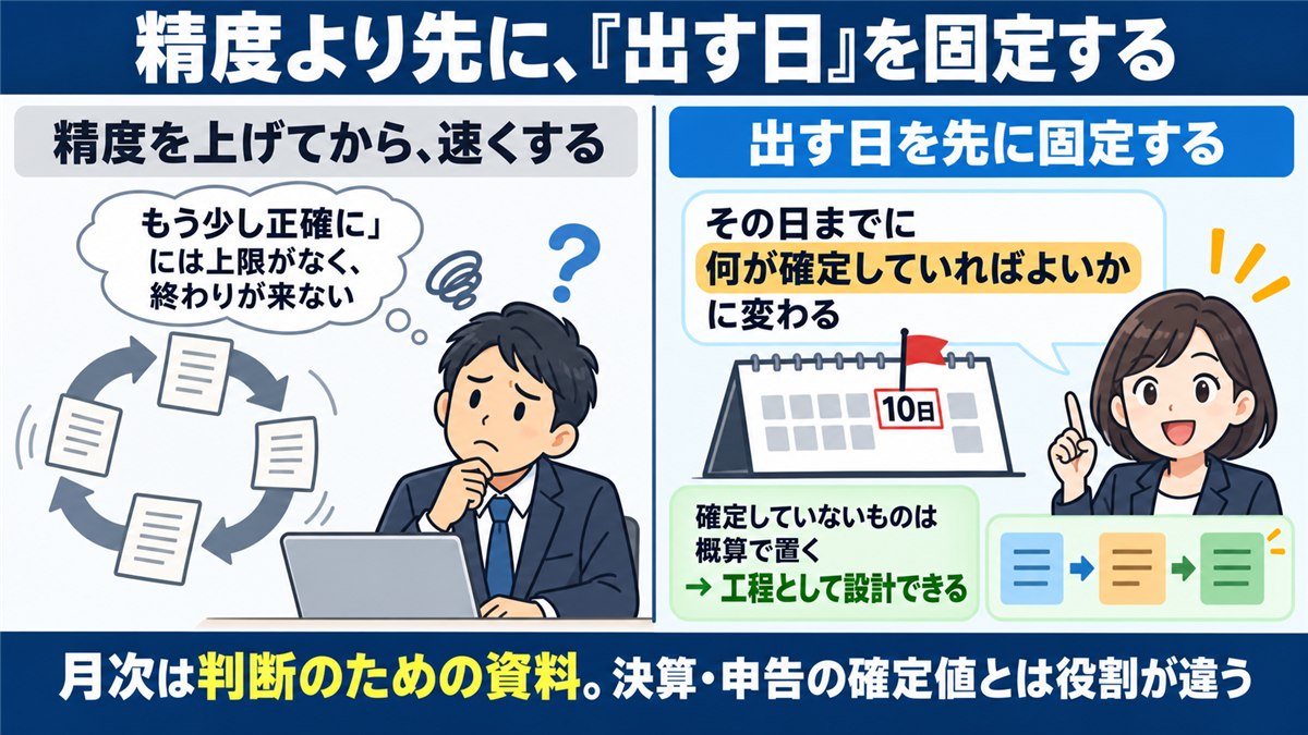 精度より先に出す日を固定する考え方の対比図解