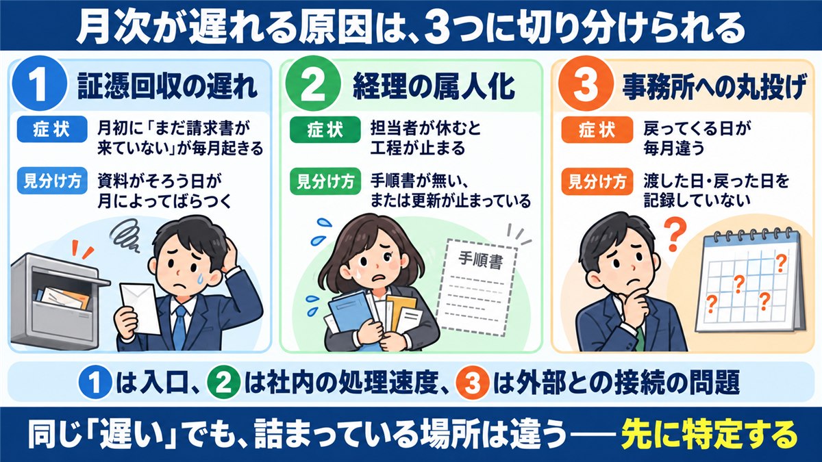 月次が遅れる3つの原因を示すカード図解