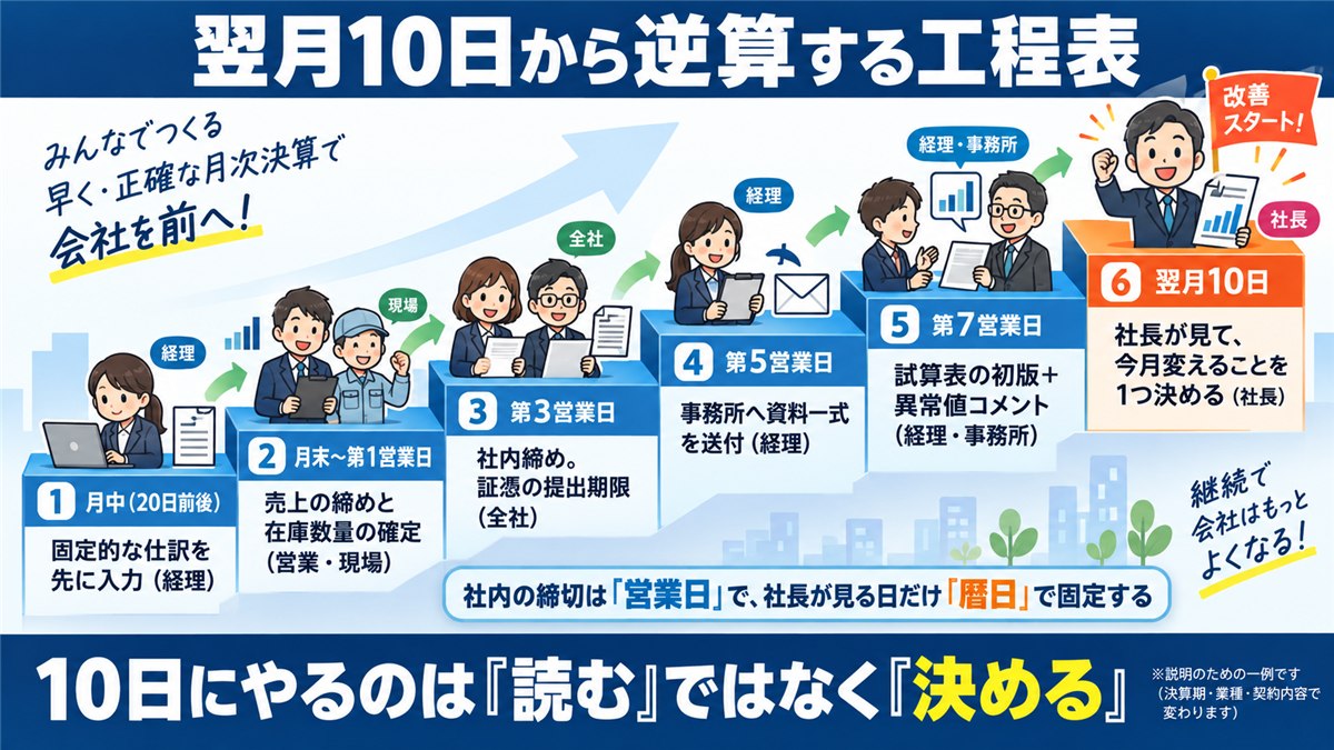 翌月10日から逆算する月次決算の工程表の図解