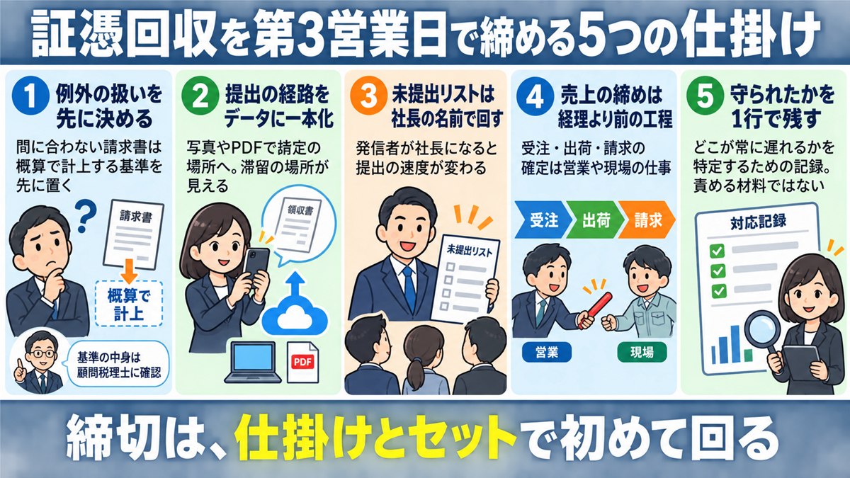 証憑回収を第3営業日で締める5つの仕掛けの図解