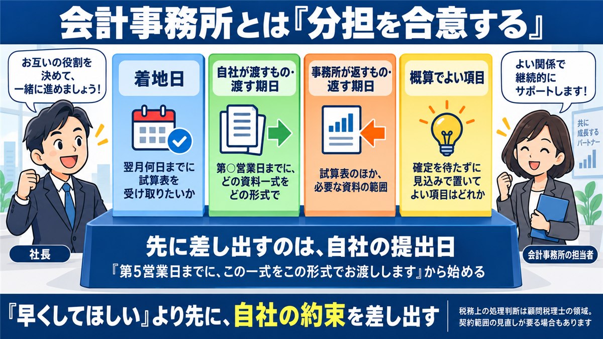 会計事務所と合意する4点を示す図解