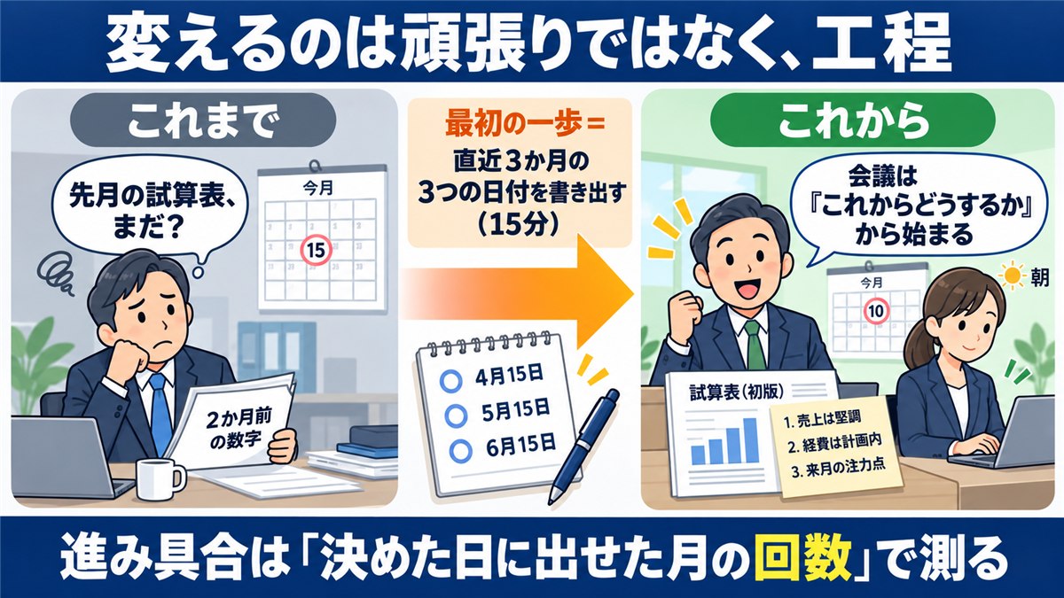 月次早期化で10日の朝が変わるまとめ図解