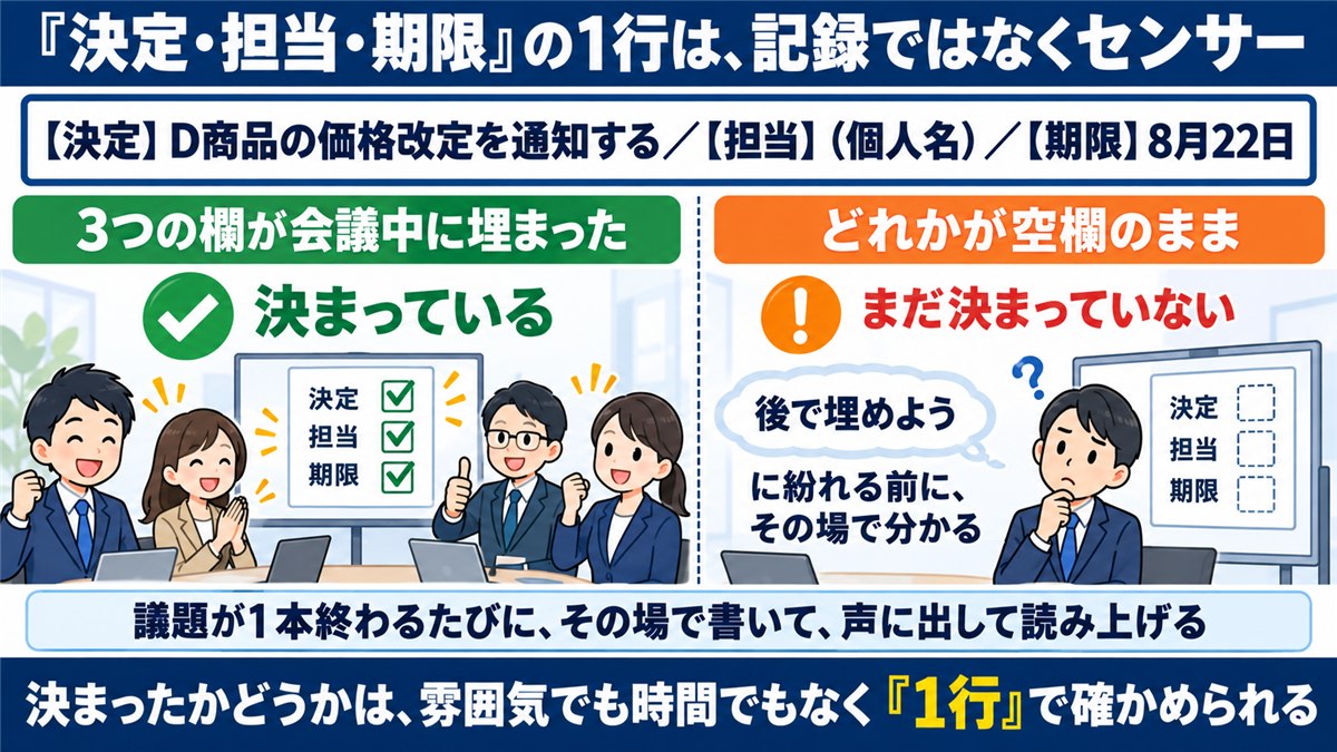 決定・担当・期限の1行で決まったかを確かめる図解