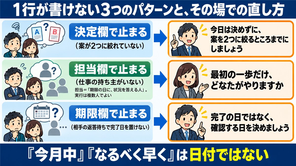 1行が書けない3パターンと直し方の対応表図解