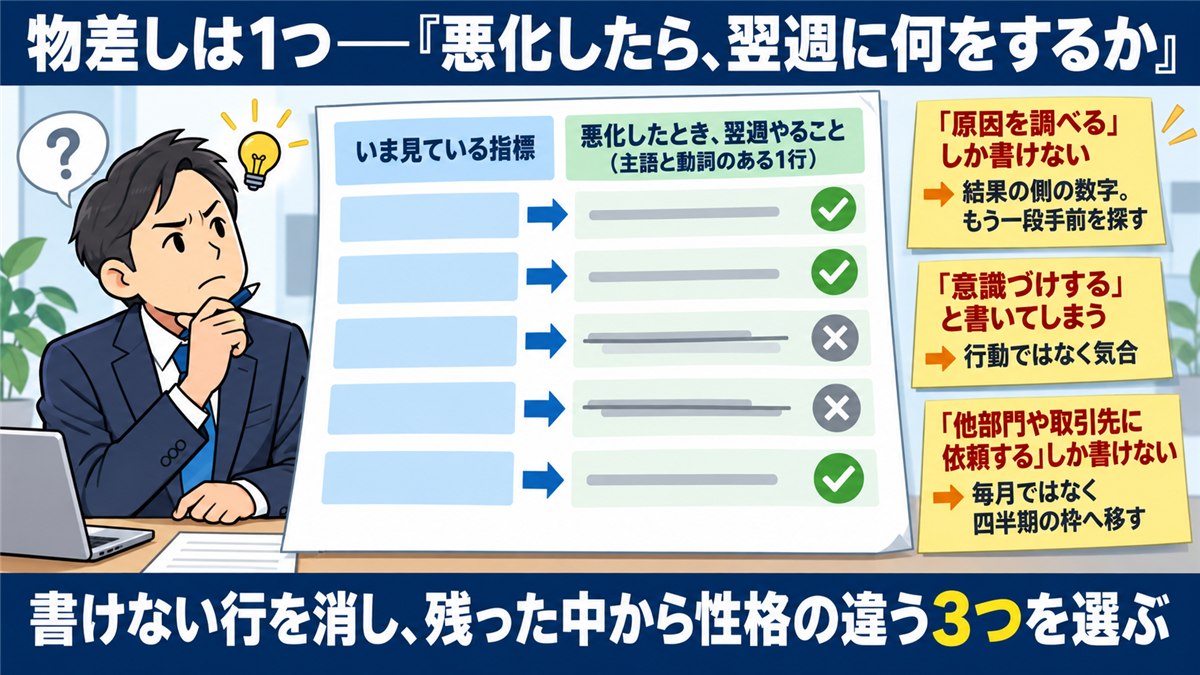 悪化したら翌週に何をするかで絞る翌週テストの図解
