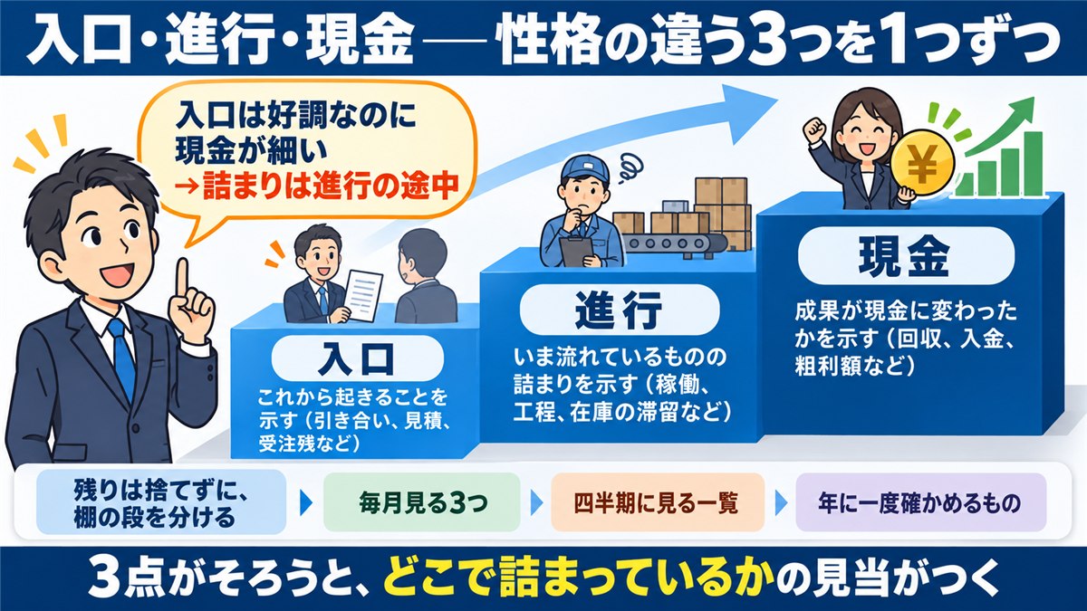 入口・進行・現金の3つで詰まりを見つける図解