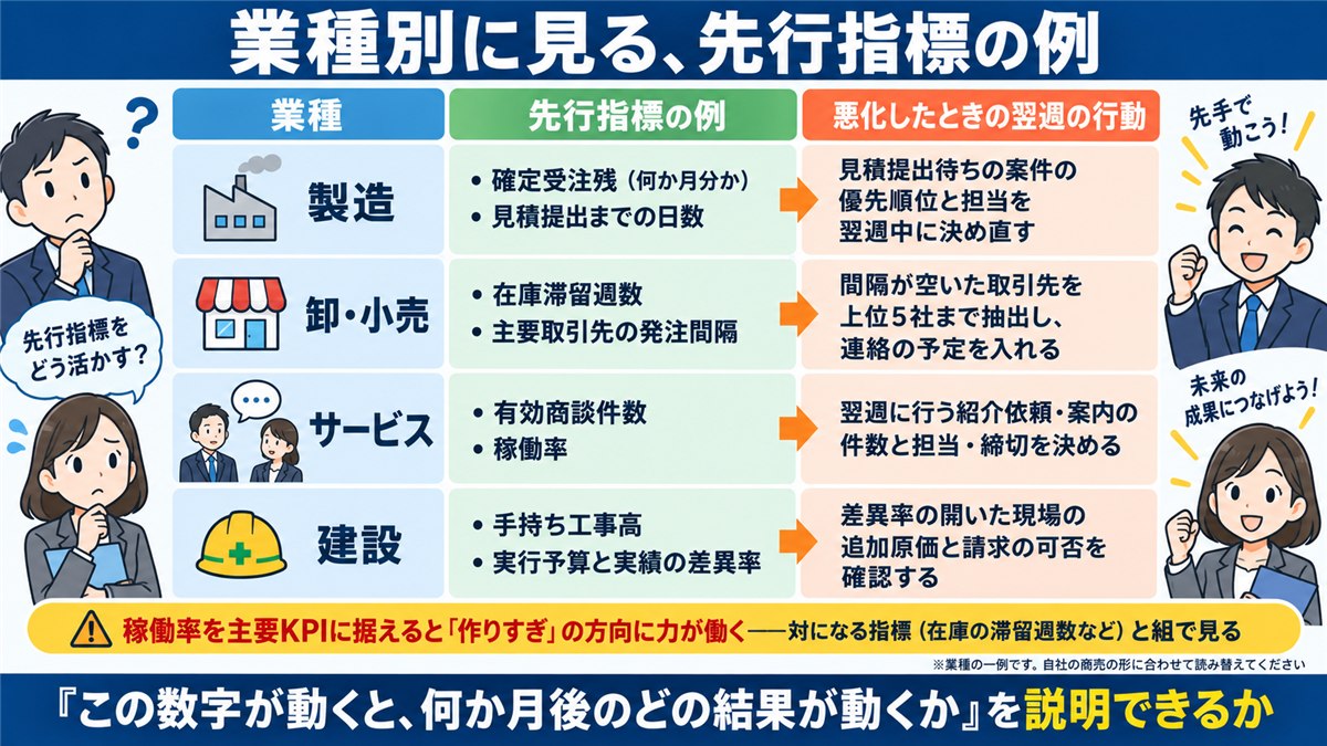 業種別の先行指標と翌週の行動の対応表図解