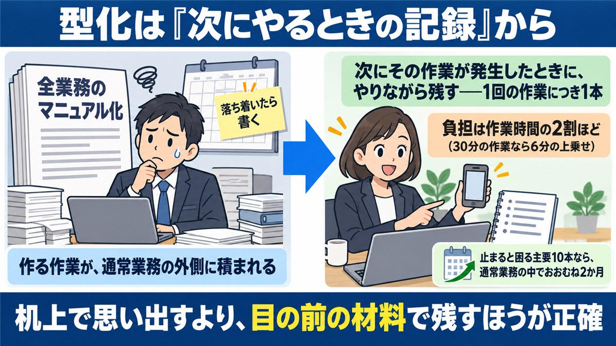 マニュアル計画とやりながら残す型化の対比図解