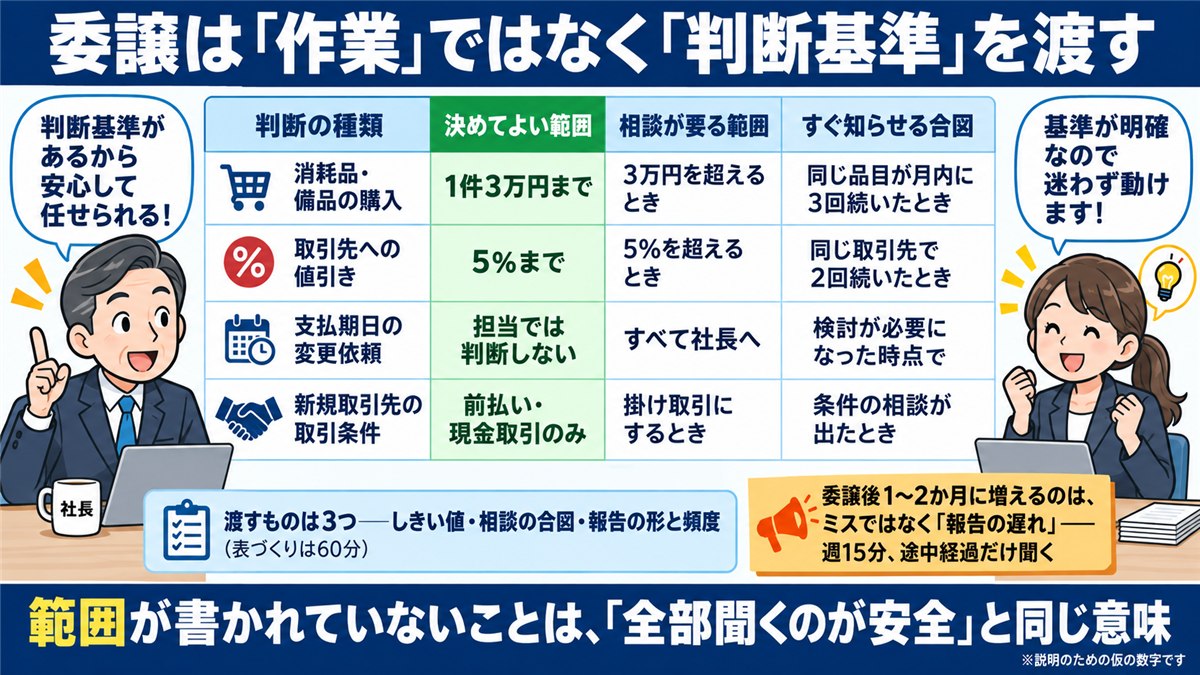 担当者が決めてよい範囲を明文化する権限表の図解