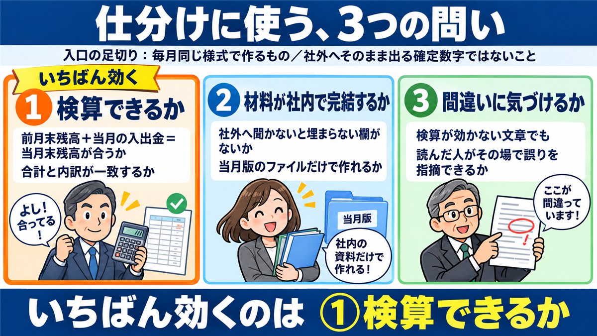 AIに任せる判定に使う3つの問いの番号カード図解