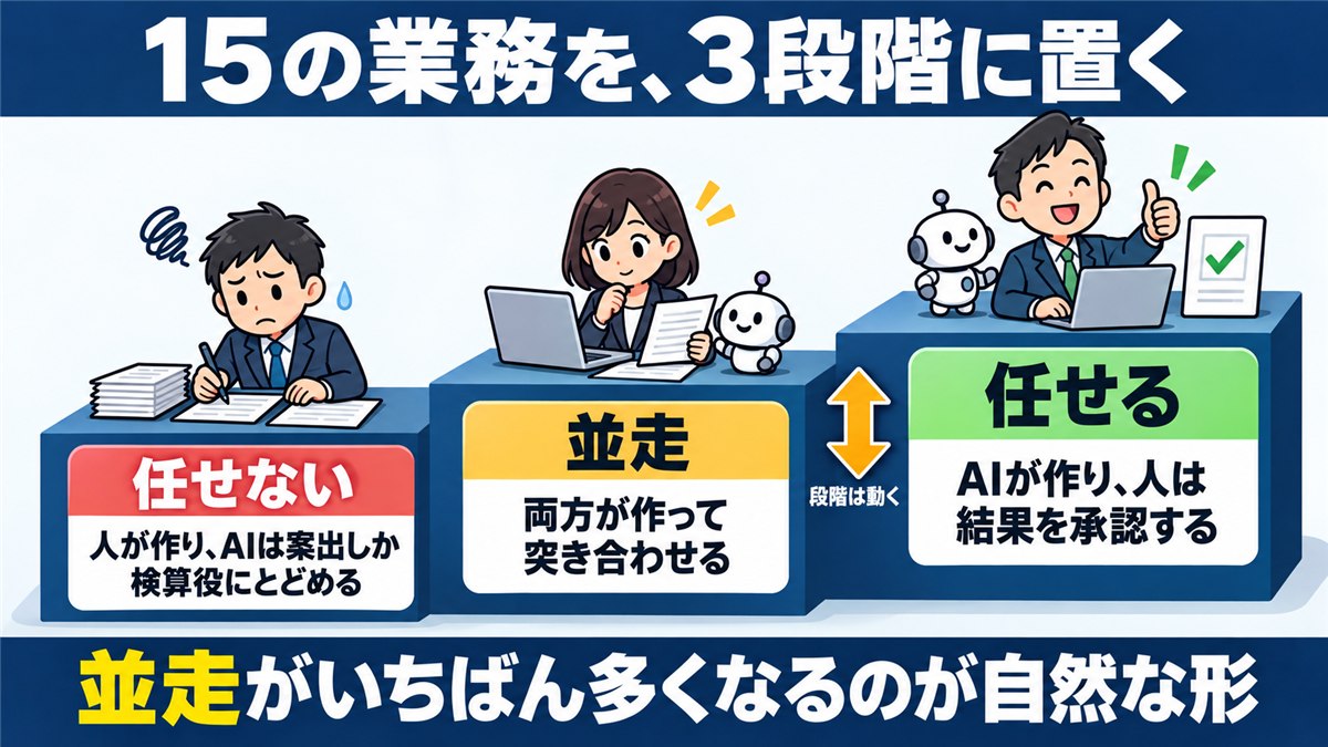 任せない・並走・任せるの3段階を示す階段図解