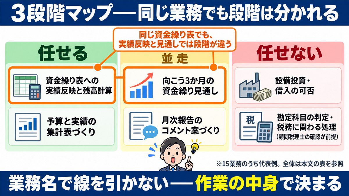15業務を任せる・並走・任せないに置いた3段階マップ図解