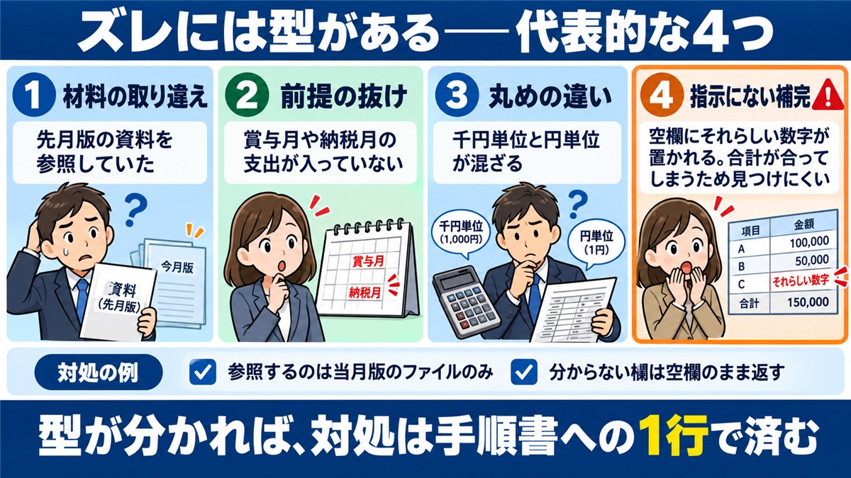 並走で見つかる4つのズレの型の番号カード図解