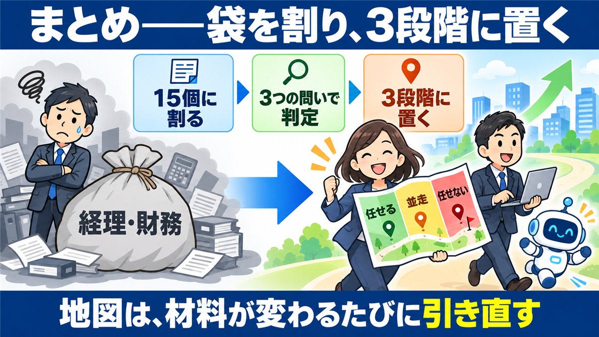 15業務の3段階マップを手に進む経営者のまとめ図解