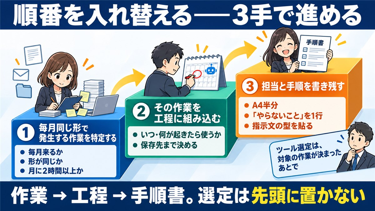 作業・工程・手順書の3手を示す階段図解