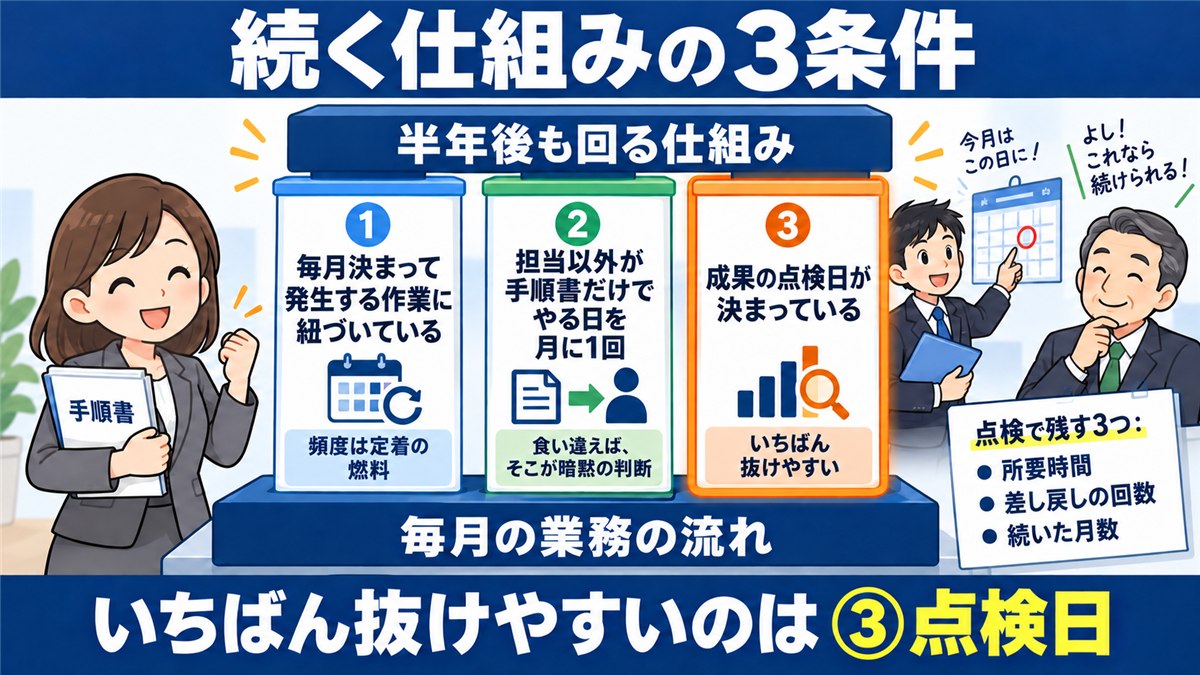 続く仕組みの3条件を柱で示す土台の図解