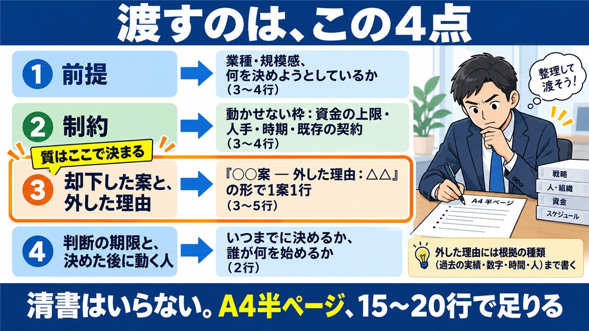 AI壁打ちに渡す4点メモの項目と書き方の対応表図解