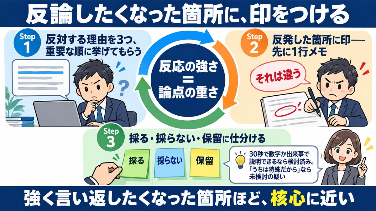 反対意見を印から仕分けへ進める円環ステップ図解