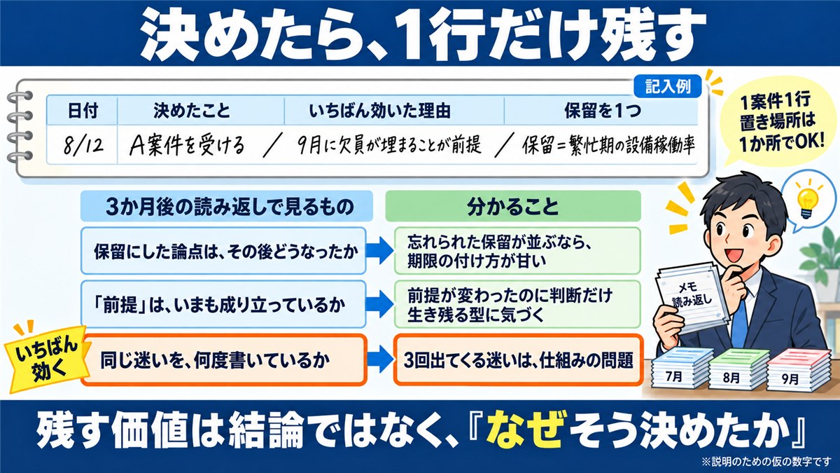判断の履歴1行メモと3か月後の読み返しの対応表図解