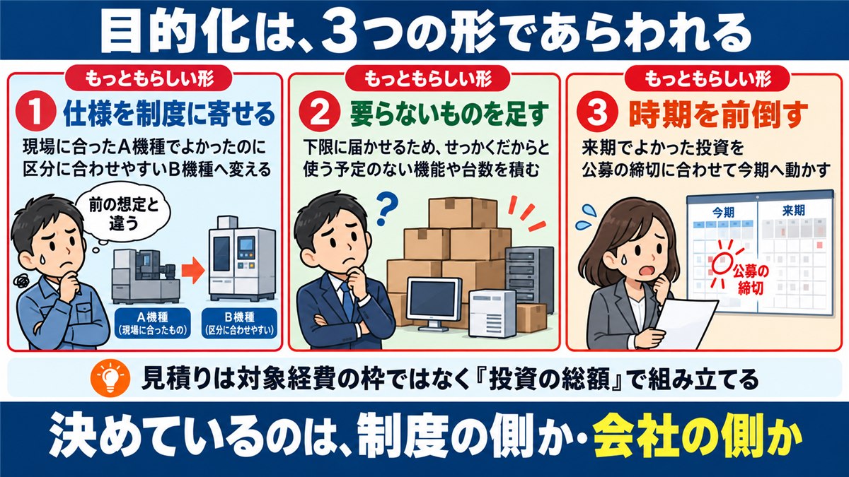 補助金の目的化があらわれる3つの形の番号カード図解