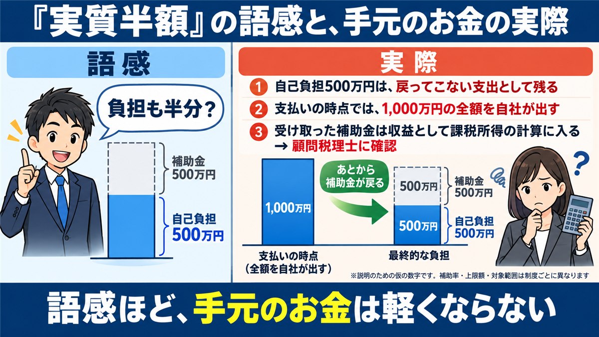 実質半額の語感と手元資金の実際を比べる対比図解