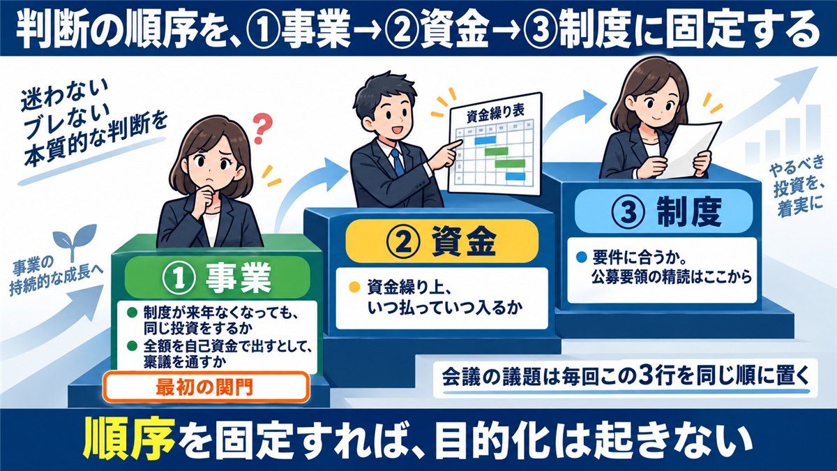 事業・資金・制度の判断順序を示す3段の階段図解