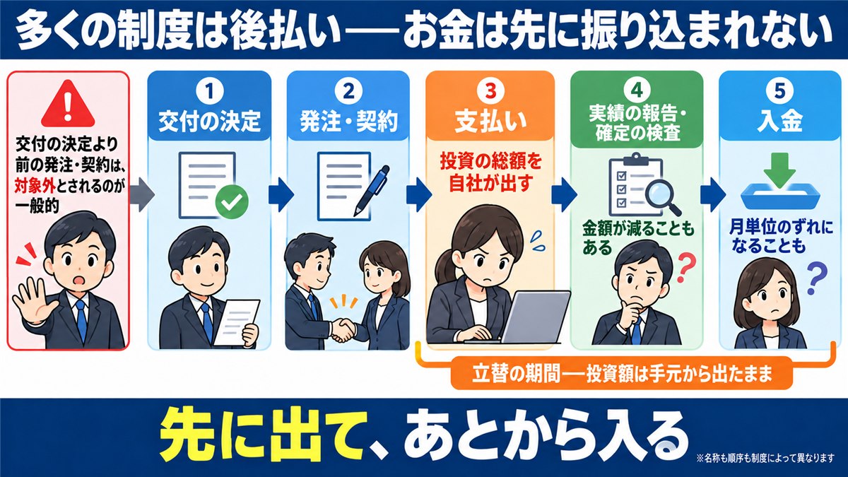 補助金は後払いで立替期間が生じる流れの図解