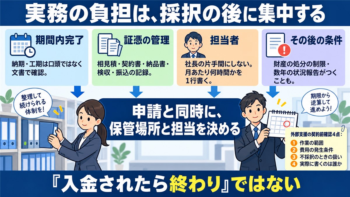採択後に始まる実務4項目と土台を示す図解