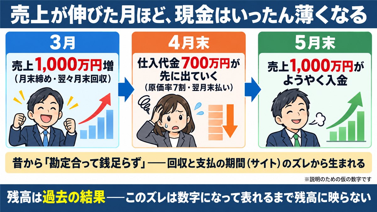 入金より支払が先に来るサイトのズレを時系列で示す図解
