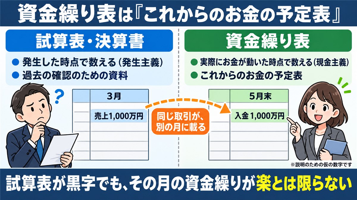 試算表と資金繰り表の数え方の違いを対比した図解