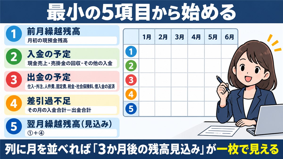 資金繰り表を構成する最小5項目を示した図解
