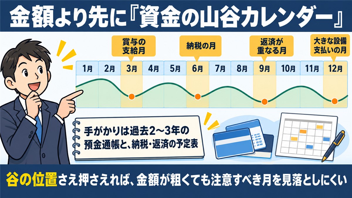 賞与や納税など資金の谷の月に印をつけた年間カレンダー図解